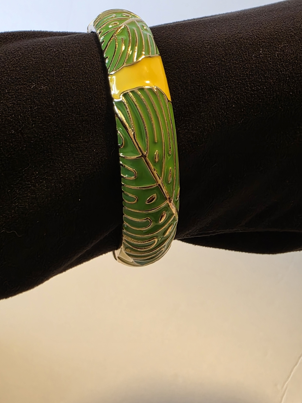 Sequin Green & Yellow Leaf Enamel Bangle Bracelet
